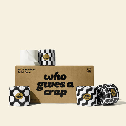 Who Gives A Crap Bamboo Toilet Paper with black and white packaging - eco-friendly and sustainable toilet paper for your bathroom.