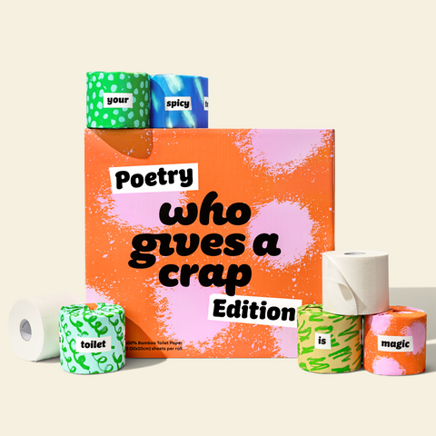 Poetry Edition, a box of 48 eco-friendly toilet paper rolls with colourful wrappers that feature words used to write ‘your spicy toilet is magic’